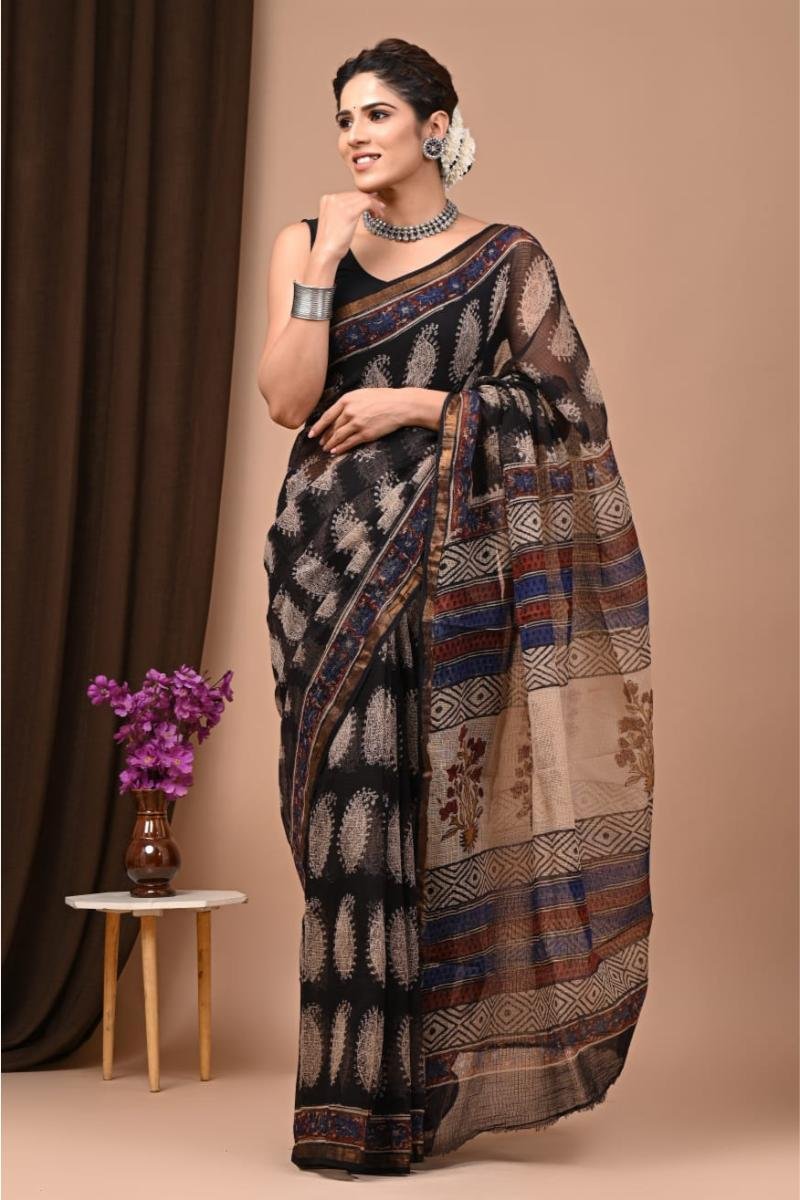 Authentic Raj Bagru print mango motif kota sarees with golden zari border