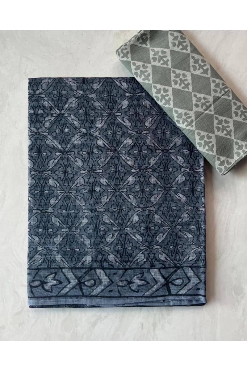 Authentic Raj Indigo kota cotton sarees with printed cotton blouse piece included