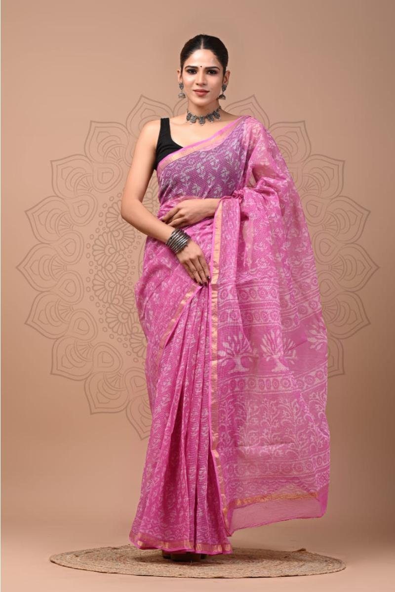 Pink Kota Doria Saree with Golden Zari Border