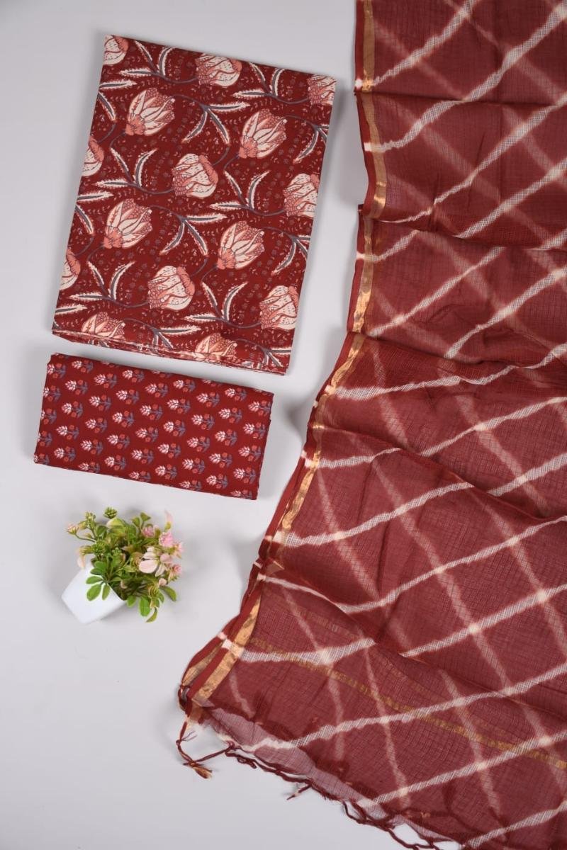 Authentic Raj Red hand-block printed kota dupatta suits - vibrant color from Rajasthan